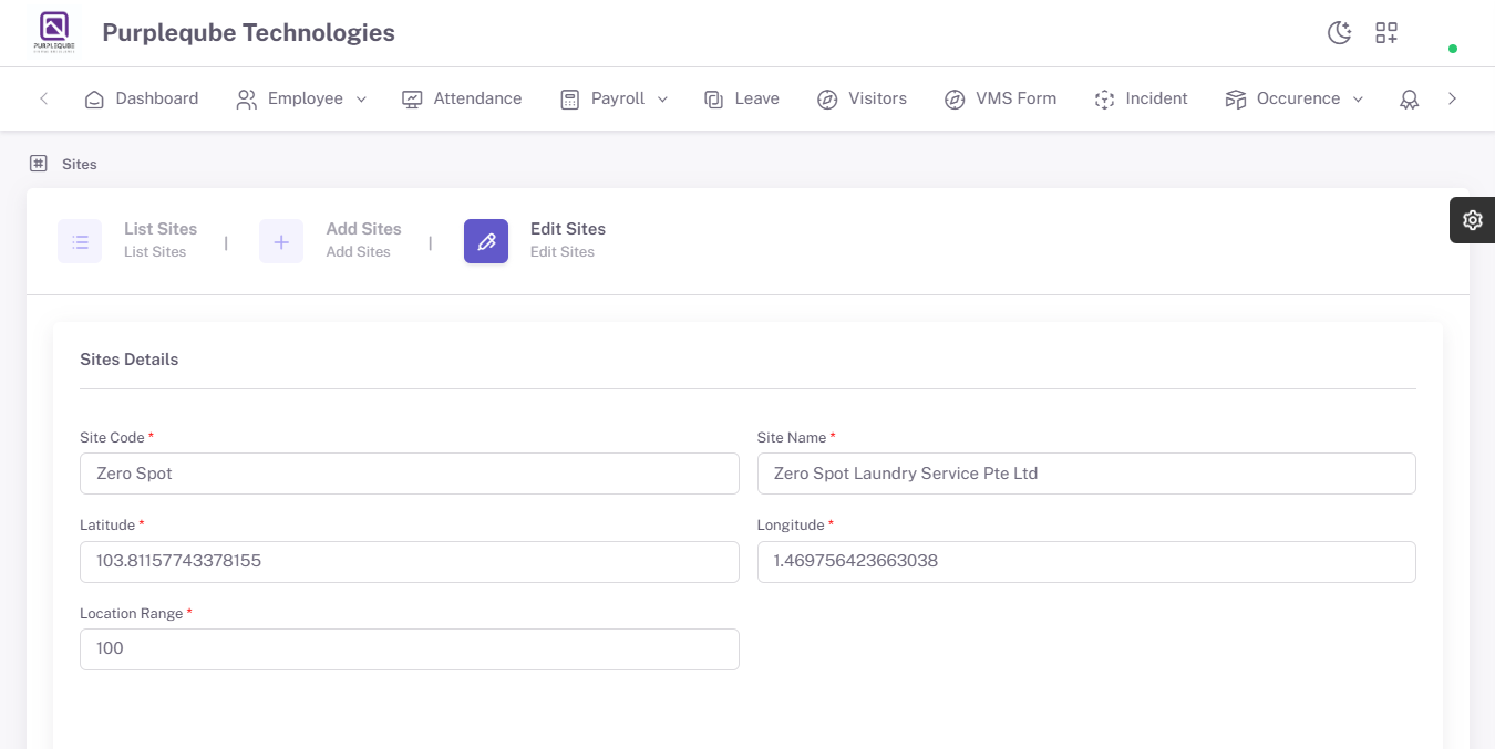 Edit Sites tab active with pre-filled site details